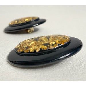 Oval Stud Earrings Black Enamel Framing Gold Tone Chip Inlay Clip On